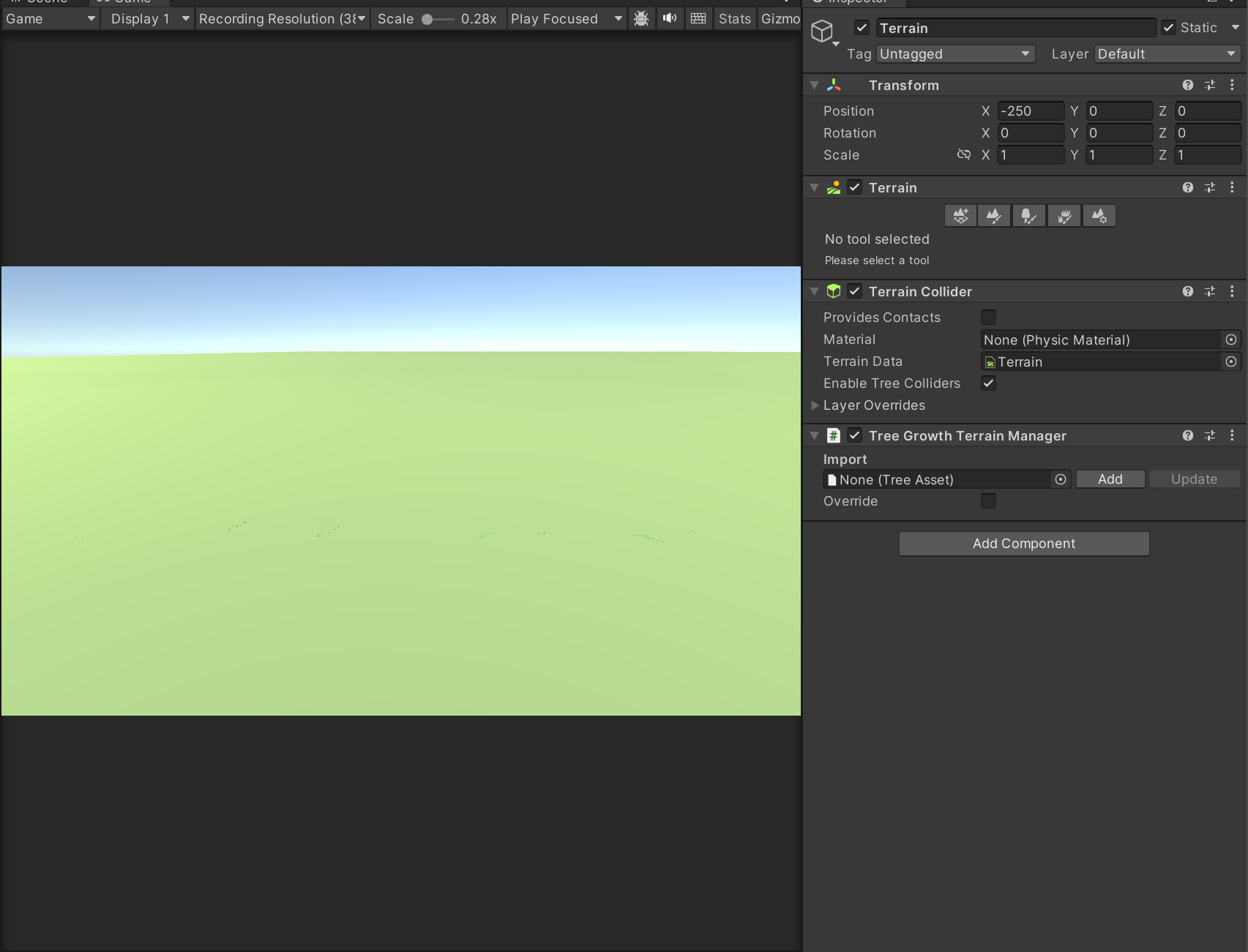 Tree Growth Terrain Manager added to the same place as Terrain